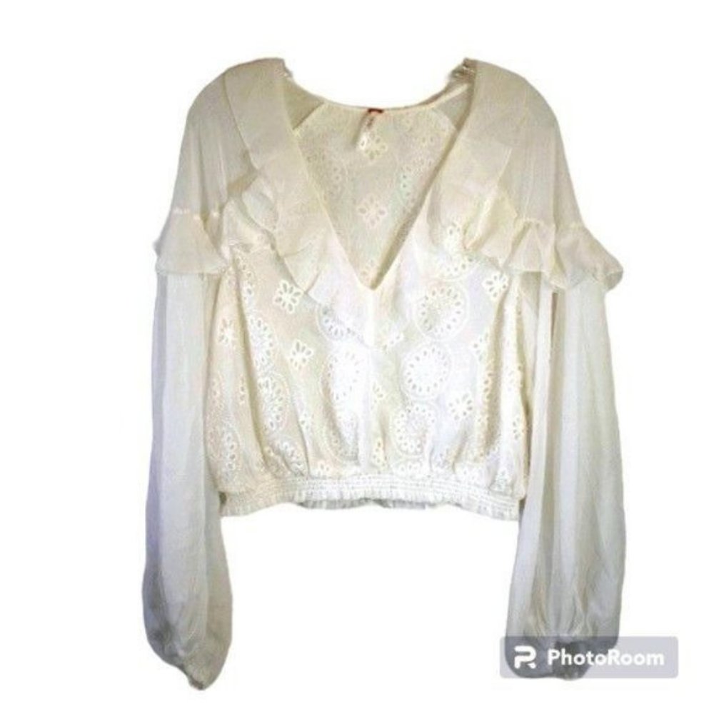 Free People Flowy Crop Semi Sheer Ruffle Eyelet Blouse S White